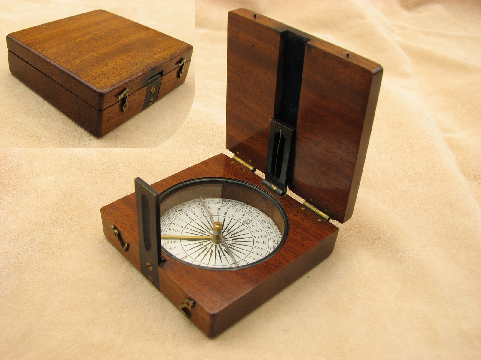 Antique Francis Barker mahogany cased needle compass with twin sight vanes